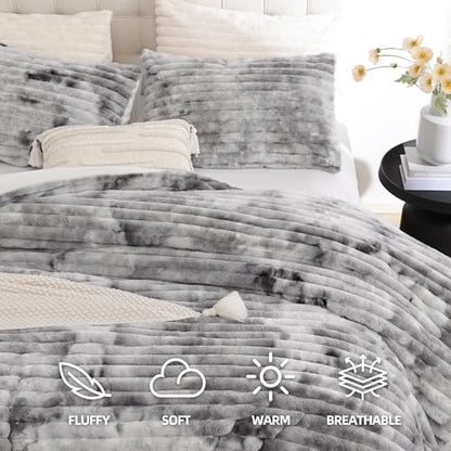 Smoofy Fluffy Twin Size Comforter 2 PCS - Tie Dye Grey Fleece Bedding Set