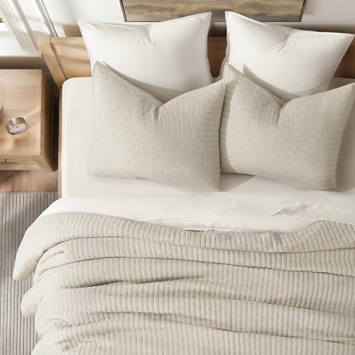 EVERGRACE Cross Stitch Pre-Washed Cotton Quilt Bedding Set King Size, Oversized 3 Pieces Lightweight Bedspread Coverlet for All Season, with 2 Matching Shams, Birch,108"x96"