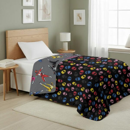 Power Rangers and Helmets Quilted Throw Blanket, Classic Mighty Morphin Helmet Icons, Comfy Throw, Adults Boys Girls, Soft Lightweight Bedding for Bed, or Couch, 60 x 80 Inches