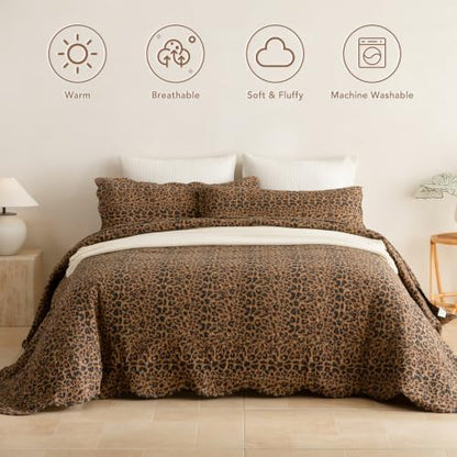 Lady Ann Vintage Brown Leopard Oversized King Bedspread 120x120, 3 Pcs 100% Cotton California King Quilt Set Lightweight Farmhouse Quilted Coverlet, Ultra-Soft Bed Cover for All Seasons