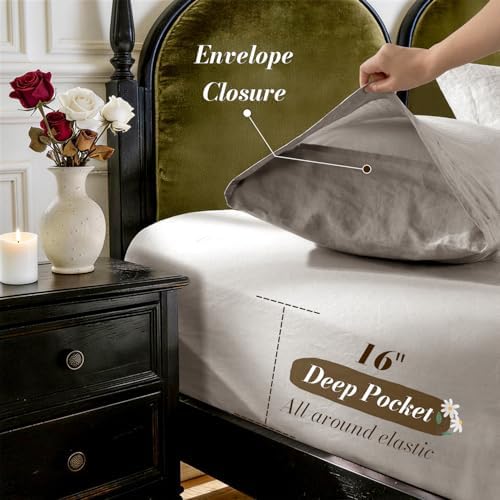SONORO KATE 100% French Linen Queen Size Sheets Set,Natural Flax Bedding