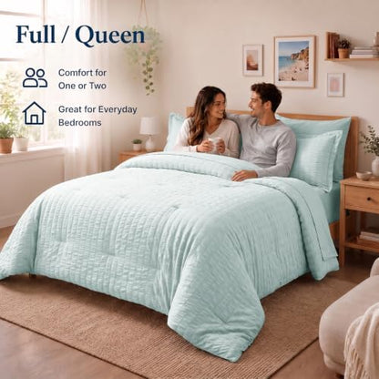 CozyLux Full Size Comforter Sets, 7 Pieces Ice Blue Seersucker Bed in a Bag