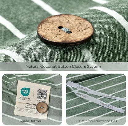 JELLYMONI 100% Washed Cotton Forest Green Striped Duvet Cover Set Cal King