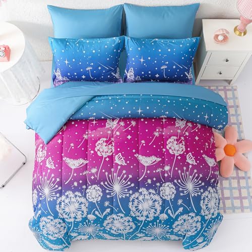 Dinjoy Girls Comforter Set 5 Pieces, Twin Size Colorful Ombre Rainbow Bedding Set, Bed in A Bag for Kid Teen Girls (1 Comforter, 1 Flat Sheet, 1 Fitted Sheet, 1 Pillow Shams, 1 Pillowcases)