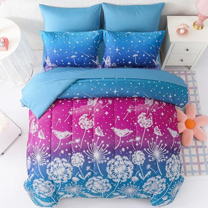Dinjoy Girls Comforter Set 5 Pieces, Twin Size Colorful Ombre Rainbow Bedding Set, Bed in A Bag for Kid Teen Girls (1 Comforter, 1 Flat Sheet, 1 Fitted Sheet, 1 Pillow Shams, 1 Pillowcases)