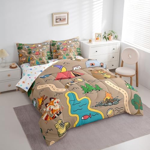 Erosebridal Happy Camping Bedding Set for Kids Teens,Cartoon Animal Comforter Set King Size,Camping Lover (Comforter+Fitted+Flat Sheet+2 Pillowcases+2 Throw Pillow Covers) 7 Pieces Bed Set