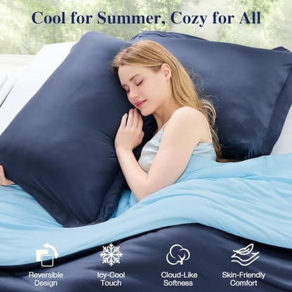 MUXHOMO Cooling Comforter Set Full Size, Lightweight Summer Comforter for Hot Sleeper, Reversible Bedding with ICY Cooling Surface, Includes 1 Comforter (82"x86") and 2 Shams (20"x 26"), Navy