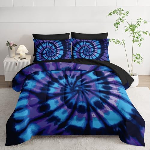7Pcs Tie Dye Comforter Set Blue Spiral Printed Bedding Set with 1 Comforter, 1 Flat Sheet, 1 Fitted Sheet and 4 Pillowcases for Boys and Girls Bedroom (Spiral King