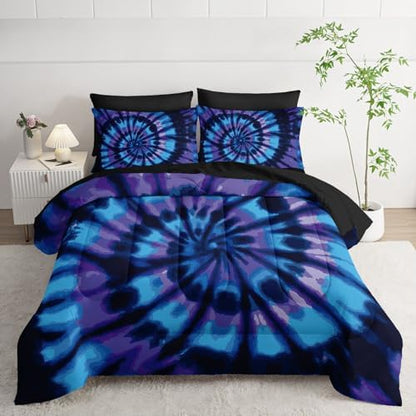 7Pcs Tie Dye Comforter Set Blue Spiral Printed Bedding Set with 1 Comforter, 1 Flat Sheet, 1 Fitted Sheet and 4 Pillowcases for Boys and Girls Bedroom (Spiral King