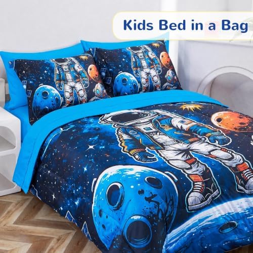 Viviland Kids Bedding Set Twin Size Comforter Sets, Bed in Interstellar Astronaut Cover Set for Children