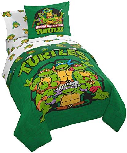 Jay Franco Nickelodeon Teenage Mutant Ninja Turtles Green Bricks 5 Piece Twin Bed Set - Includes Reversible Comforter & Sheet Set Bedding - Super Soft Fade Resistant Microfiber