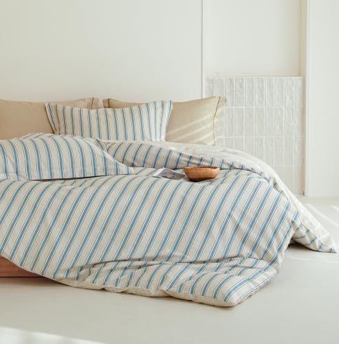 Twin Comforter Set 2 Pieces, 100% Cotton Beige and Blue Striped Bedding Set for All-Season, Soft Reversible Comforter with 1 Pillow Sham