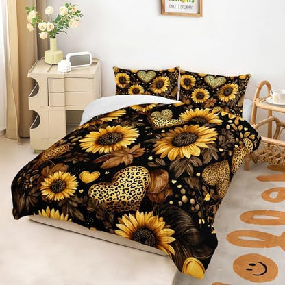 Black Sunflowers Comforter Set Full for Girls Women Kids,Yellow Floral and Leopard Print Heart Pattern Bedding Set,3-Pieces Soft Microfiber Botanical Quilt Set for Bedroom Decor