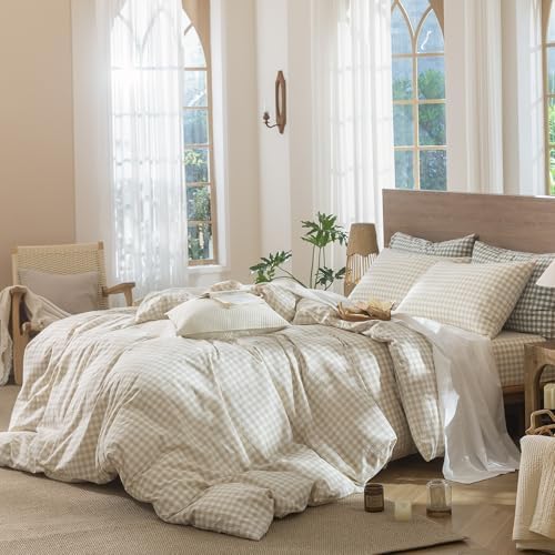 MooMee Gingham Duvet Cover Set 100% Washed Cotton Linen Like