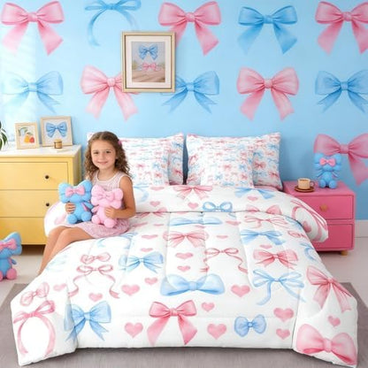 Erosebridal Princess Bow Queen Comforter Set with Sheets | Pink Bow Tie 7-Piece Bedding Set Blue Ribbon Bowknot Bed in a Bag, Girly Kawaii Love Hearts Bed Sets