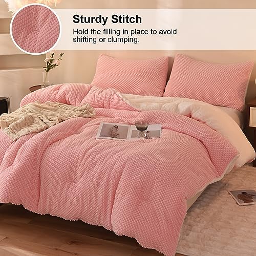 LLanCL 3D Jacquard Design Comforter Set, Ultra-Soft Warm Twin Size Sherpa Fur Plush 2-Pieces Sets Luxury Cozy Bedding with 1 Pillowcase (68"x90", Pink)