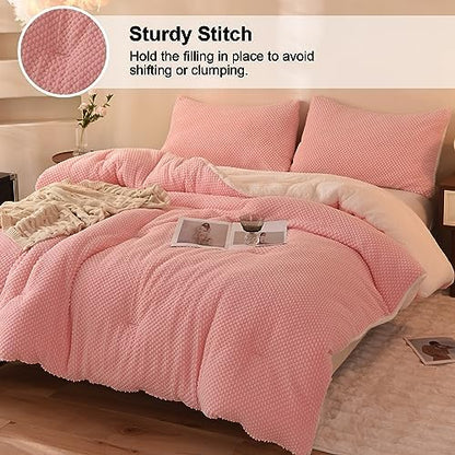 LLanCL 3D Jacquard Design Comforter Set, Ultra-Soft Warm Twin Size Sherpa Fur Plush 2-Pieces Sets Luxury Cozy Bedding with 1 Pillowcase (68"x90", Pink)