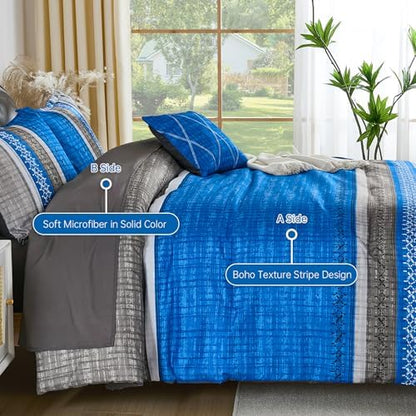 Dintszyayue Blue King Comforter Size Set, 8 Pieces Striped Boho Texture Bed in a Bag Sets, Lightweight Soft Bohemian Comforter and Sheet Set, All Season Microfiber Bedding Sets for Men Women