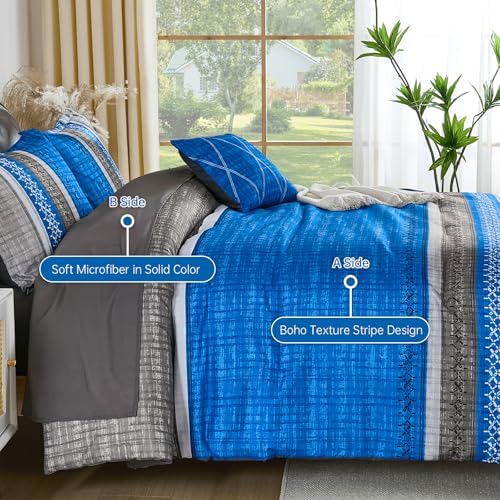 Dintszyayue Blue Queen Comforter Size Set, 8 Pieces Boho Striped Texture Bed in a Bag Sets, Lightweight Soft Bohemian Comforter and Sheet Set, All Season Microfiber Bedding Sets for Men Women