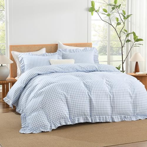 Andency Blue Gingham Duvet Cover King, Ruffle Shabby Chic Bedding Set 3 Pcs