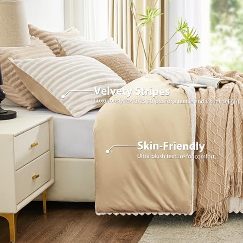 EXQ Home Fluffy Comforter Set Queen Size,3 Pieces Bed Set,Beige&Khaki