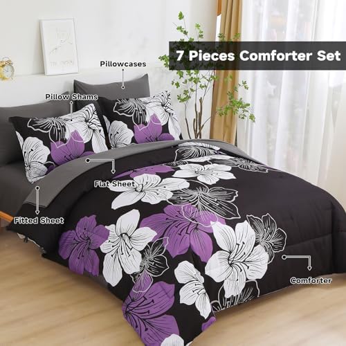 Luxudecor Floral Comforter Set Queen Size, 7 Pieces Bed in a Bag Purple Floral Comforter and Sheet Set, Soft Microfiber Complete Bedding Sets for All Seasons