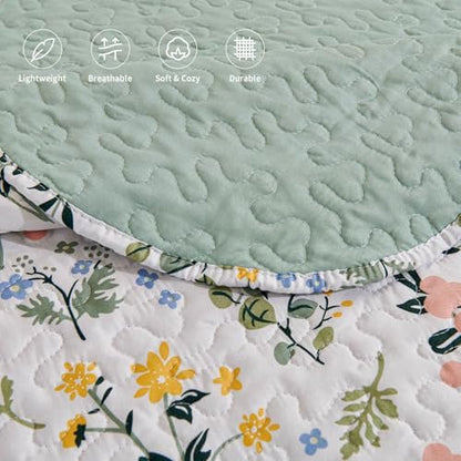 LEAONME 3-Piece King Size Quilt Set Lightweight Bedspread Coverlet 98''x106'' Garden Style Floral Printed Oversized Bedding Set with Shams for All Season