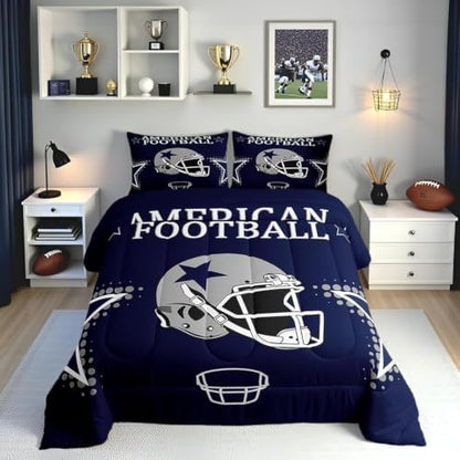 American Football Comforter Set Queen Size Rugby Helmets Bedding Set 3pcs for Kids Boys Teens Men Bedroom Decor Ball Sports Gaming Quilted Duvet Modern Grey Stars Print Duvet Insert,Navy Blue