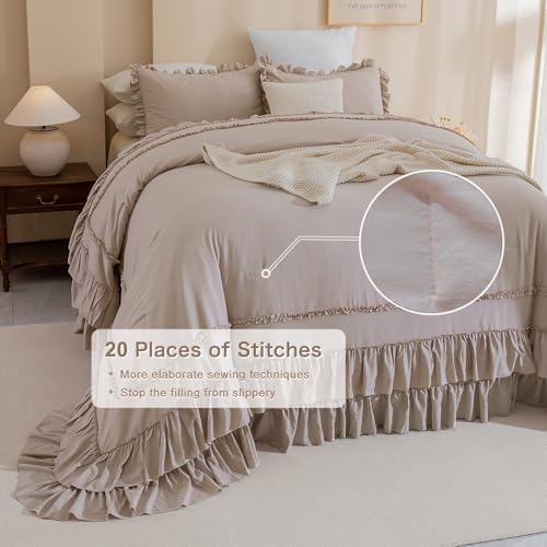 Masaca Oversized King Comforter 120x120,3 Pieces Farmhouse Ruffle Bedding Comforter Set,Taupe Shabby Boho Chic Cal King Comforter Oversized,Lightweight Rustic Bedding Set Ultra Soft