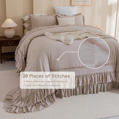 Masaca Oversized King Comforter 120x120,3 Pieces Farmhouse Ruffle Bedding Comforter Set,Taupe Shabby Boho Chic Cal King Comforter Oversized,Lightweight Rustic Bedding Set Ultra Soft