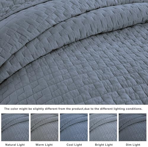 palassio Blue Grey 100% Cotton Quilt Queen Size Bedding Sets with 2 Pillow Shams, Textured Lightweight Soft Bedspread Shabby Chic Coverlet, Quilted Comforter Bed Cover for All Season, 3 Pieces
