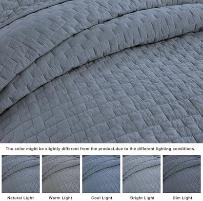 palassio Blue Grey 100% Cotton Quilt Queen Size Bedding Sets with 2 Pillow Shams, Textured Lightweight Soft Bedspread Shabby Chic Coverlet, Quilted Comforter Bed Cover for All Season, 3 Pieces