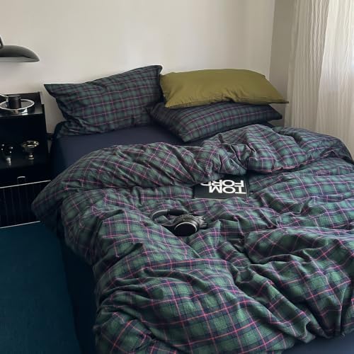 Vintage Green & Blue Buffalo Plaid Duvet Cover Full with 2 Pillowcases