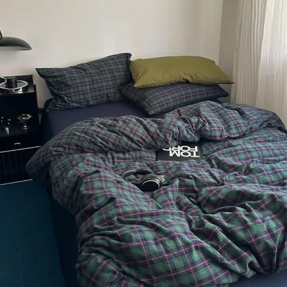 Vintage Green & Blue Buffalo Plaid Duvet Cover Full with 2 Pillowcases