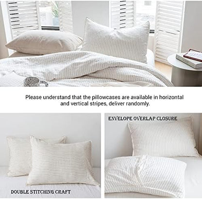 Simple&Opulence 100% Linen Striped Duvet Cover Queen 3pcs, Yarn Dyed Vertical Pinstripe Ticking Pattern Natural French Washed Flax Breathable Farmhouse Bedding - Cinnamon Stripe