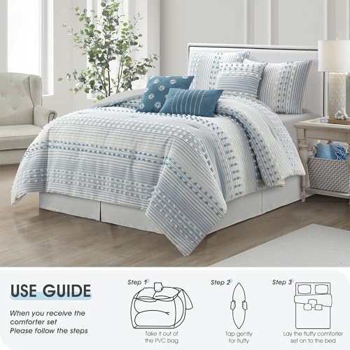 LANCO MODERN LIFESTYLE California King Comforter Set, Azure, Jacquard Clip Striped Design, Elegant Soft 7 Pieces Bedding Set for All Seasons, Matching Bedskirt, Pillow Shams and Decor Pillows