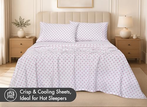 RUVANTI 100% Cotton Split King Sheets, Percale Sheet Set, Block Print Motif