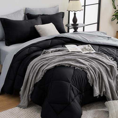 HEVUMYI 7-Piece Oversized King Comforter Set, Black & Light Grey Bed in a Bag