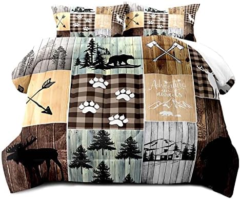 LUVIVIHOME 2PCS Farmhouse Cabin Comforter Set, Twin Bed Set, Black Bear Deer Elk Moose Woodland Forest Animals Wildlife Hunting Brown Plaid Patchwork Lodge Country Rustic Bedding Quilt, 1 Pillow Sham