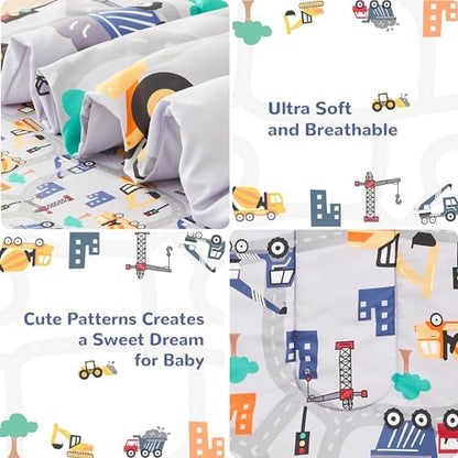 lasoftan Construction Toddler Bedding Set for Boys, 4 Piece Bed-in-a-Bag Toddler Comforter Sets, Excavator, Cars Printed, Super Soft and Comfortable Microfiber Todeeler Bed Set