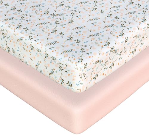 2 Pack Mini Crib Sheets - Jersey Cotton Pack and Play Sheets Fitted, 27" x 39", Fits Graco Pack n Play Mattress, Soft Playpen Sheets Pack n Play, Oeko-Tex, (Floral Pink Pack and Play Mattress Sheets)