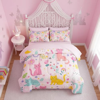 QOOMO Pink Floral Cats 7 Pieces Comforter Set Queen,Kawaii Cats Bedding Set