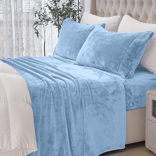Elegant Comfort Luxuriously Soft 4-Piece Velvet Plush Flannel Sheet Set - Premium Quality - Cozy Warm, Anti-Static, Non Pilling Fuzzy Velvet Flannel Fleece Deep Pocket Sheet Set - King, Denim Blue