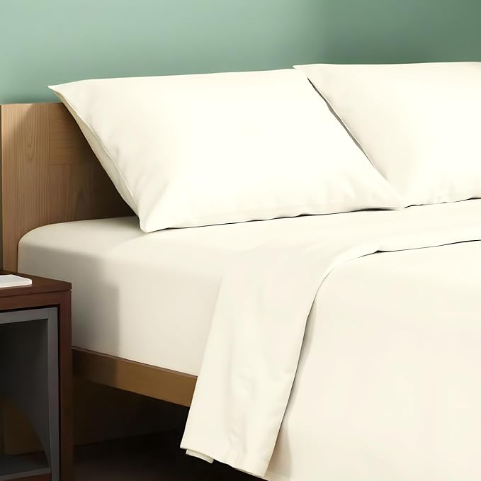 TEXAS LINEN CO. 100% Organic Cotton Percale Sheets - California King Size, 4 Piece Set, Crisp, Cooling, 16" Deep Pocket - Ivory