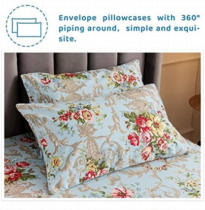 QSH Floral Queen Size Sheet Sets - Luxury Peony Flower Print Pattern Egyptian Cotton Printed Bedding Sheets Queen Size Bed Extra Soft and Breathable 4pcs Deep Pockets Bed Sheets