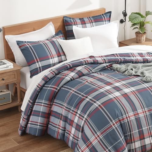 Andency Navy Plaid Comforter Set Full, Gingham Checkered Grid Bedding Set