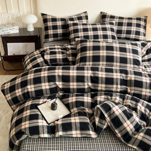 Mucalis Black Buffalo Plaid Duvet Cover Queen Size 100% Washed Cotton Green Red Gingham Duvet Cover Vintage Checkered Duvet Cover Set Retro 3 Piece Grid Bedding Set with Zipper Closure 4 Corner Ties