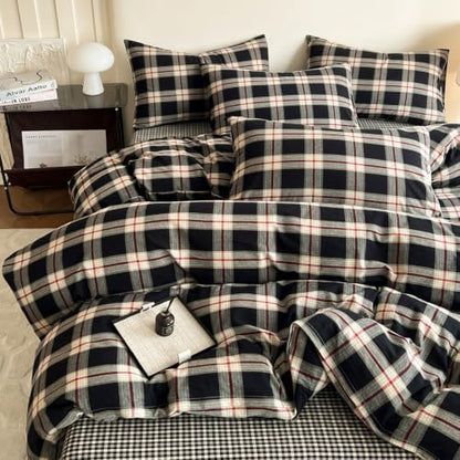 Mucalis Black Buffalo Plaid Duvet Cover Queen Size 100% Washed Cotton Green Red Gingham Duvet Cover Vintage Checkered Duvet Cover Set Retro 3 Piece Grid Bedding Set with Zipper Closure 4 Corner Ties
