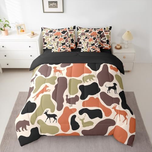 Erosebridal Camouflage 7 Piece Bedding Set Queen Hound Wolf Comforter Set with Sheets Army Woods Orange Farmhouse Bed in a Bag Bear Turkey Deer Theme Camo for Kids Boys Girls