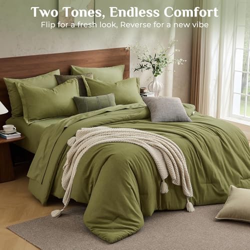 JOLLYVOGUE Olive Green King Comforter Set, Cationic Dyeing Bed in a Bag King 7 Pieces, Double-Tone Bedding Set with Down Alternative Comforter, Sheets, Pillowcases & Shams